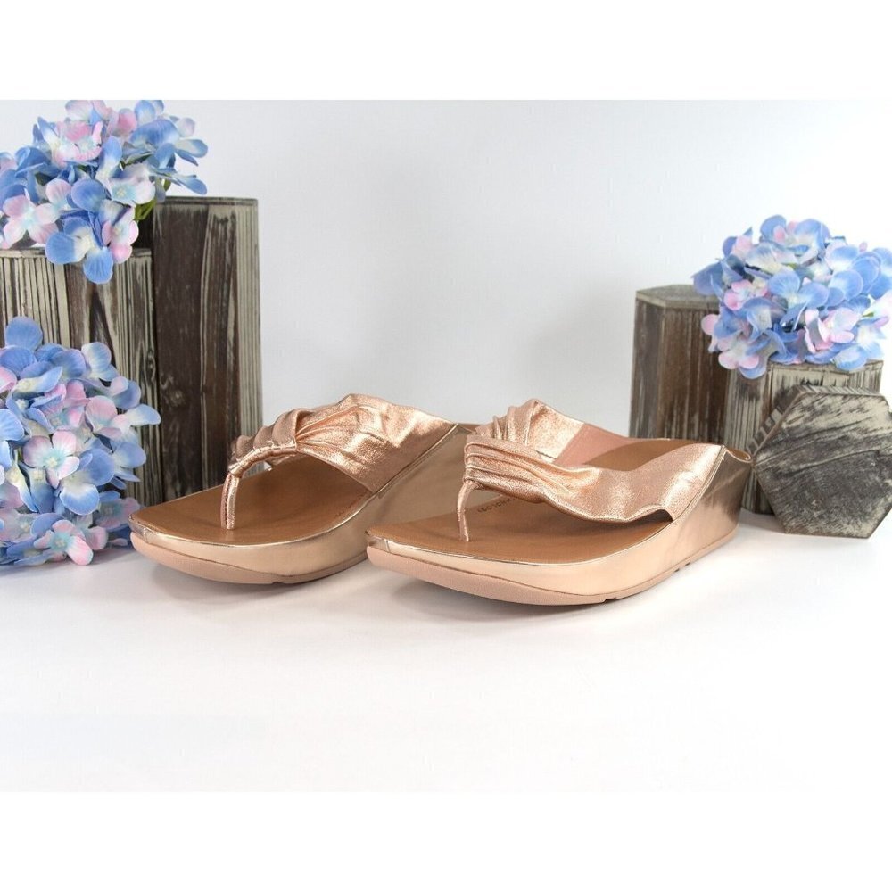 FitFlop Twiss Rose Gold Leather Slides Mule Wedge Sandals Size 39 NIB - Picture 3 of 9